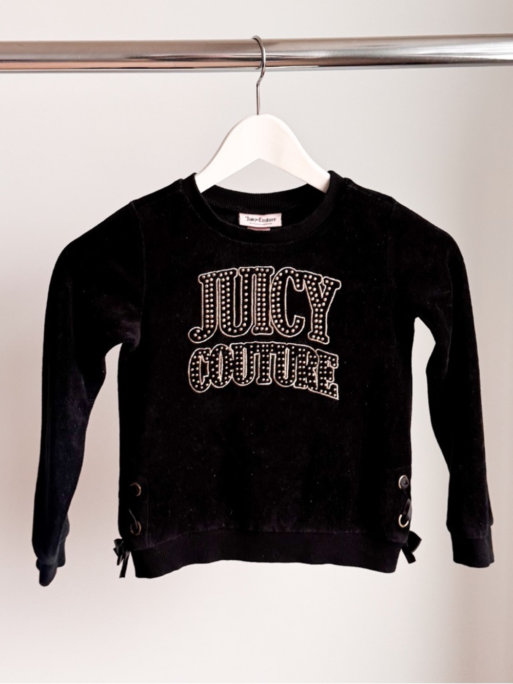 Juicy Couture Girls Velour Rhinestone Logo Sweatshirt Lace Up Blk Size 6 13x16.5